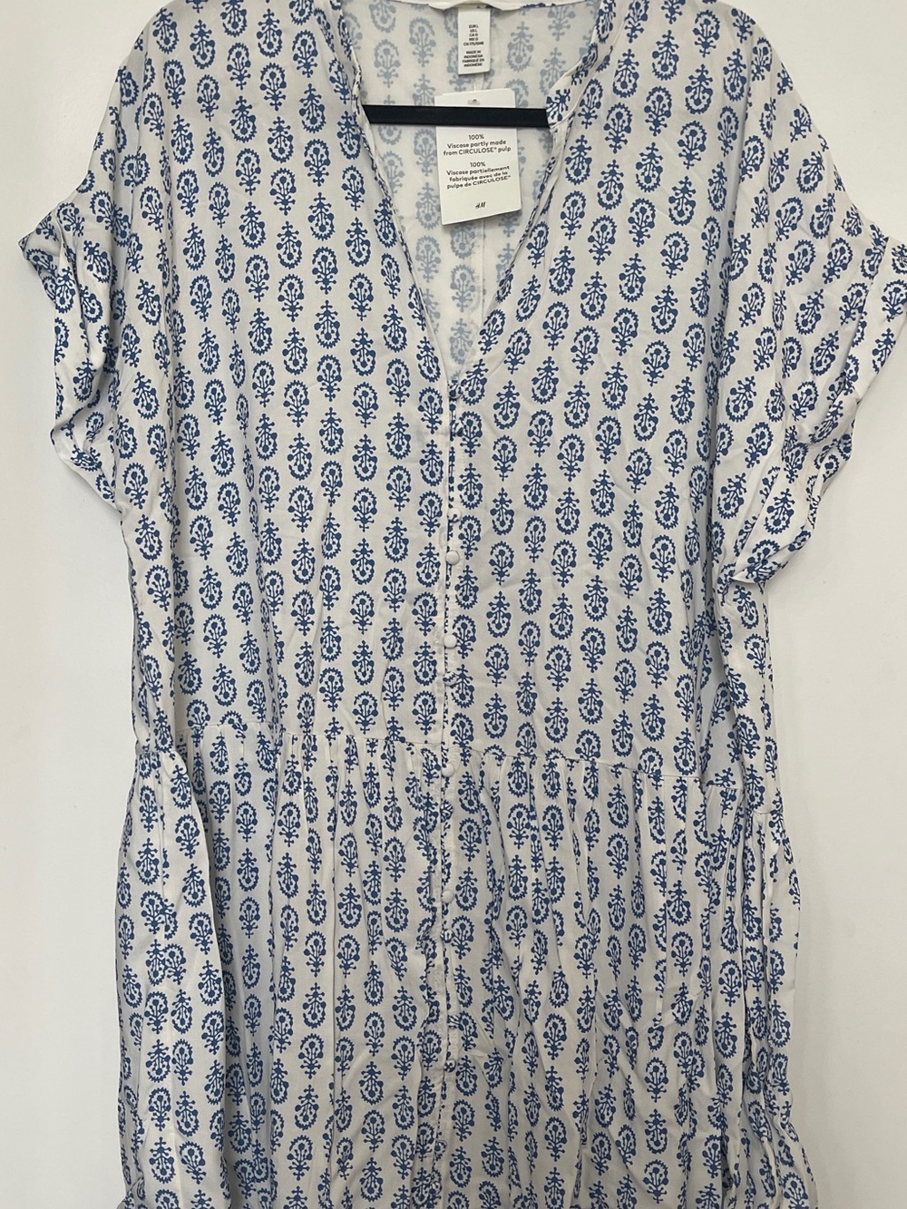 H&M Blue White Floral Print Viscose Button Front Mini Dress Tunic | Size L - Picture 2 of 5